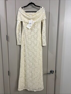 Peppermayo Cream Off-Shoulder Lace Long Sleeve Maxi Dress